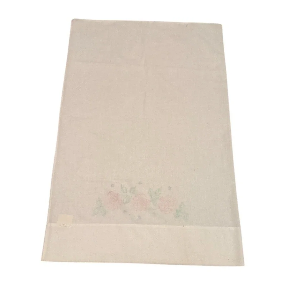 Vintage Pillowcase White Hand Embroidered Pink Floral Blue Accents Hemmed‎